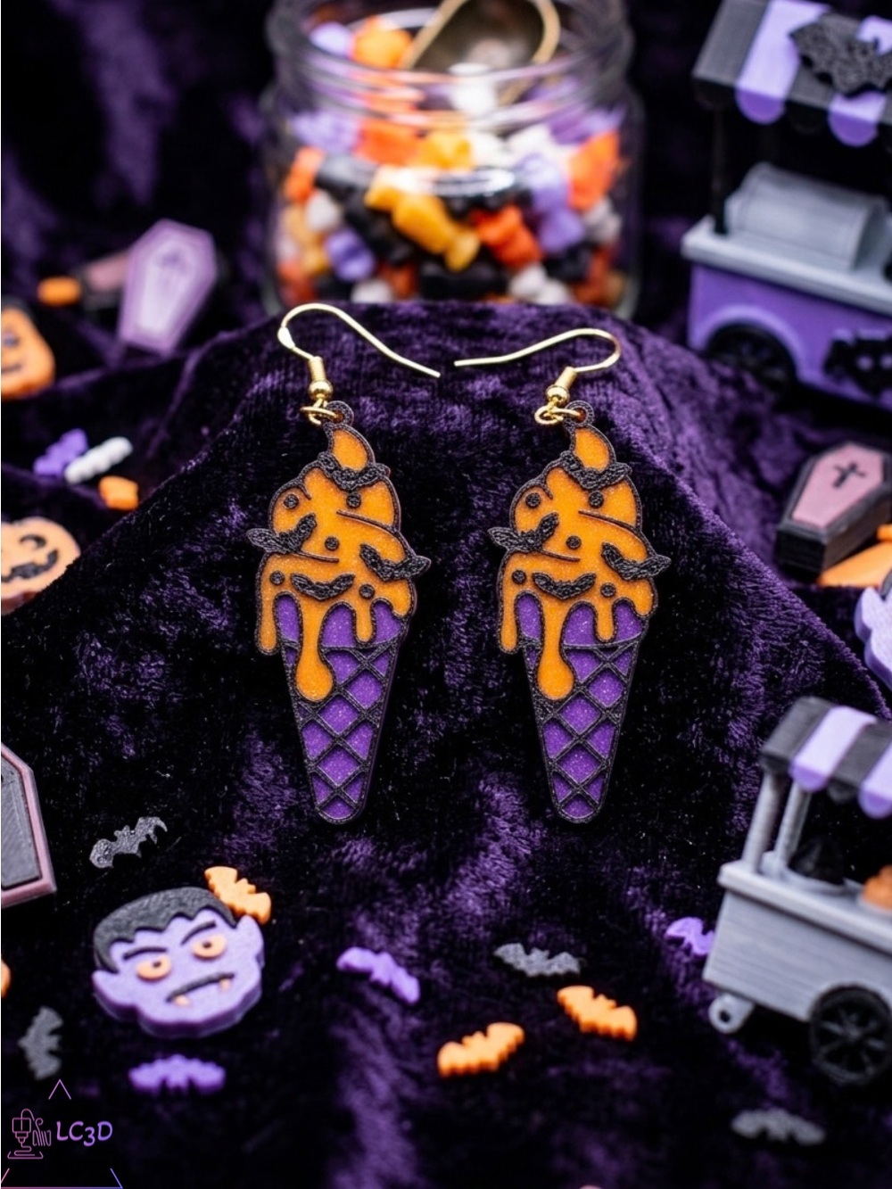 Purple & Orange Halloween Ice Cream Cone Earrings - Kids Accessories